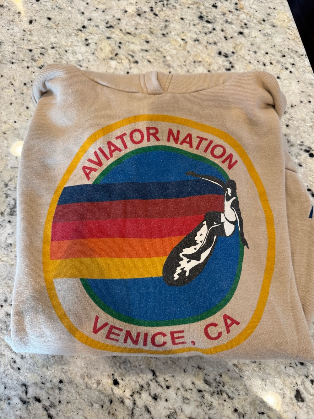 Aviator Nation Beige Crewneck with Rainbow Venice Seal Graphic